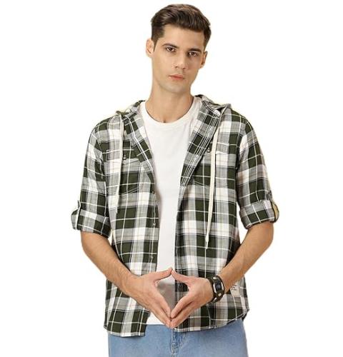 men's | checks | full sleeve | regular fit | 100% cotton | hooded | casual shirt